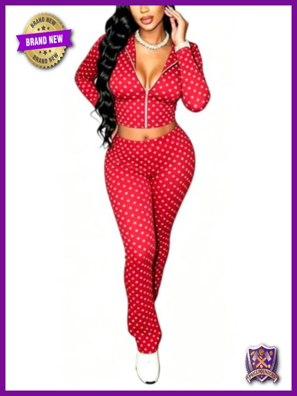 2 Piece Polka Dot Tracksuit Set Zip Hooded Jacket Flare Pants